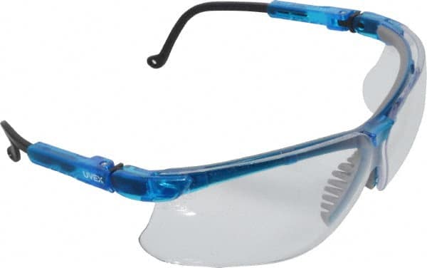 Uvex - Clear Lenses, Framed Safety Glasses - Scratch Resistant, Vapor Blue Polycarbonate Frame, Adjustable Temples, Size Universal, Wrap Around - Americas Industrial Supply