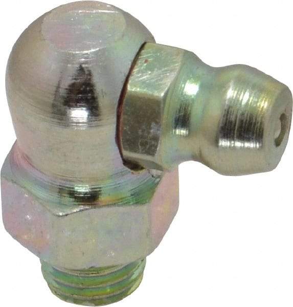 PRO-LUBE - 90° Head Angle, 1/4-28 UNF Steel Standard Grease Fitting - 3/8" Hex, 19.3mm Overall Height, 5.1mm Shank Length, Zinc Plated Finish - Americas Industrial Supply