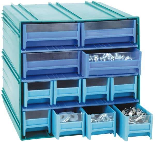 Quantum Storage - 14 Drawer, Gray, High Impact Styrene, Interlocking Storage Cabinet with Drawers - 11-3/4" Wide x 11-3/8" Deep x 11-1/8" High Body, (12) 2-3/4, (2) 5-5/8" Wide x 11" Deep x 2-1/2" High Drawers - Americas Industrial Supply