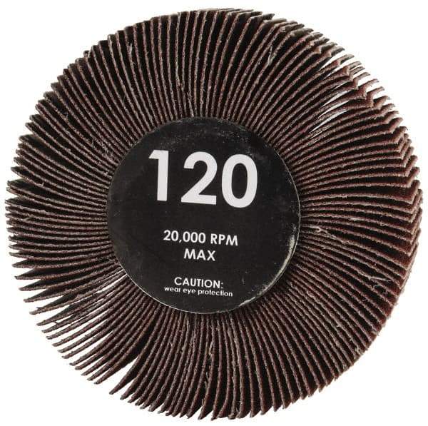 Value Collection - 3" Diam x 1" Face Width, Fine Aluminum Oxide Coated Mounted Flap Wheel - 1/4" Shank Mount, 120 Grit, Cloth Backing, 23,800 Max RPM - Americas Industrial Supply