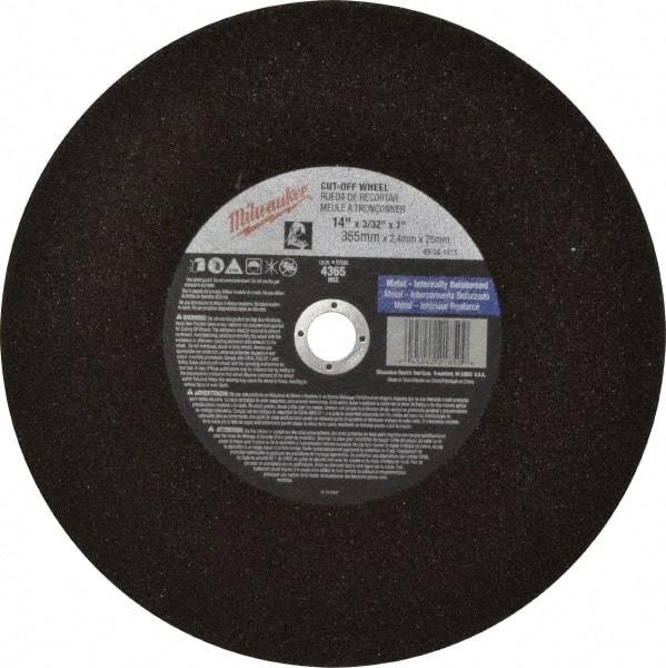 Milwaukee Tool - 14" 36 Grit Aluminum Oxide Cutoff Wheel - 3/32" Thick, 1" Arbor, 4,365 Max RPM, Use with Angle Grinders - Americas Industrial Supply