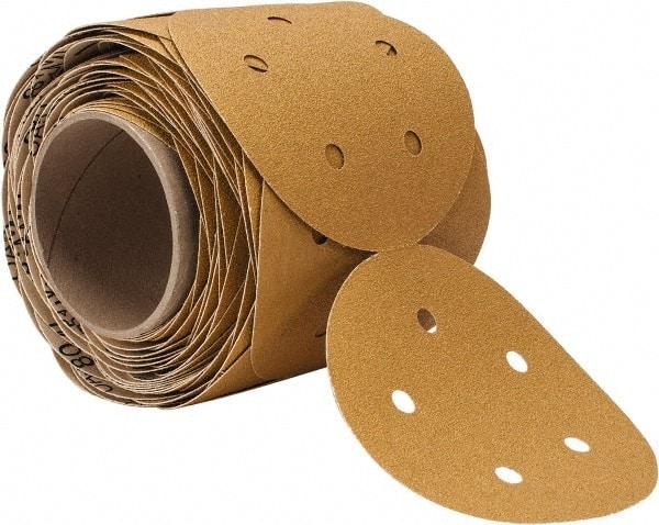 3M - 5" Diam, 80 Grit Aluminum Oxide Adhesive PSA Disc - Medium Grade, Gold, F Weighted Backing, Flexible, Use with Random Orbital Sanders - Americas Industrial Supply