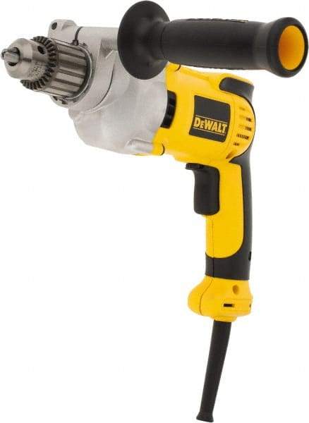 DeWALT - 1/2" Keyed Chuck, 0 to 1,250 RPM, Pistol Grip Handle Electric Drill - 10 Amps, Reversible, Includes 360° Locking Side Handle with Soft Grip & Chuck Key with Holder - Americas Industrial Supply