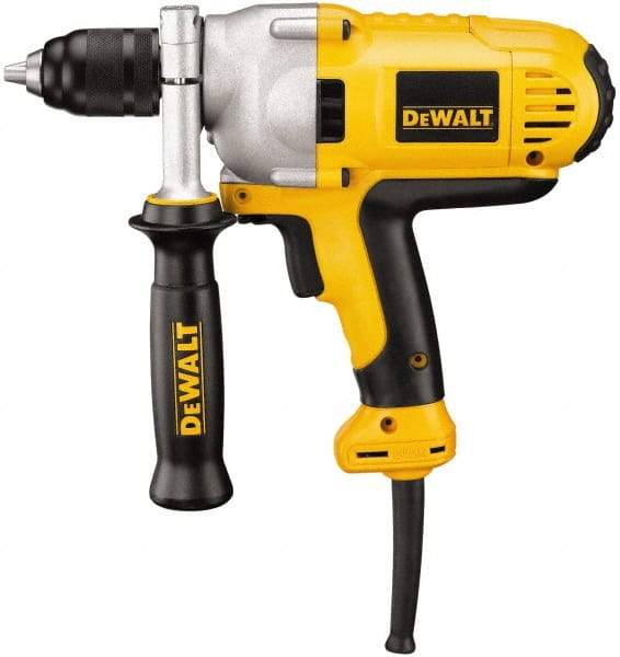 DeWALT - 1/2" Keyless Chuck, 0 to 1,250 RPM, Mid-Handle Grip Electric Drill - 10 Amps, Reversible, Includes 360° Locking Side Handle with Soft Grip - Americas Industrial Supply