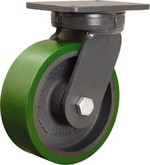 Hamilton - 8" Diam x 3" Wide x 10-1/2" OAH Top Plate Mount Swivel Caster - Polyurethane Mold onto Cast Iron Center, 2,500 Lb Capacity, Tapered Roller Bearing, 5-1/4 x 7-1/4" Plate - Americas Industrial Supply