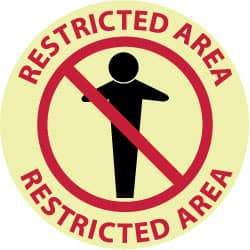 NMC - Restricted Area - Restricted Area, Anti-Skid Polyester Floor Sign - Round, Red & Black on Yellow (Glow), Adhesive Backed, For Security & Admittance - Americas Industrial Supply