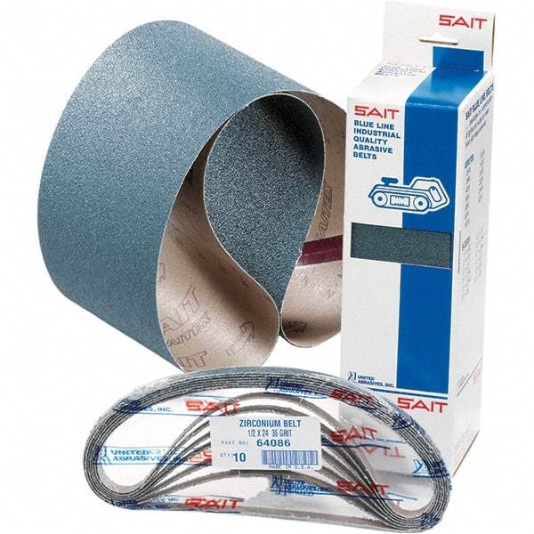 Sait - 1/2" Wide x 12" OAL, 60 Grit, Zirconia Alumina Abrasive Belt - Zirconia Alumina, Medium, Coated, H Weighted Cloth Backing - Americas Industrial Supply