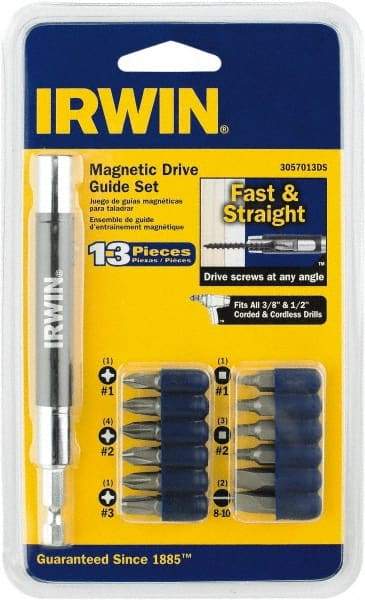 Irwin - 13 Piece, 1/4" Drive Screwdriver Drive Guide - #1 to #3 Phillips, 0.05 to 1/4" Hex, 1.27 to 10mm Hex, #1 & #2 Square Recess - Americas Industrial Supply