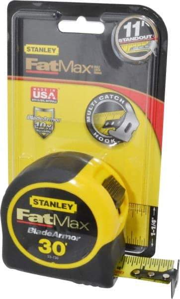 Stanley - 30' x 1-1/4" Yellow Blade Tape Measure - 1/16" Graduation, Inch Graduation Style, Yellow/Black Case - Americas Industrial Supply