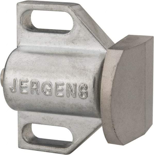 Jergens - 1-1/2" Body Width x 1" Body Len, 3/16" Stroke Len, 1-1/8" Btw Mt Hole Ctrs, Tangless Square Spring Locating Stop - 32 Lb Init End Force, 14 Lb Mid End Force, 32 Lb Final End Force, 1-1/8" Stop Head Width x 1-1/8" Stop Head Height - Americas Industrial Supply