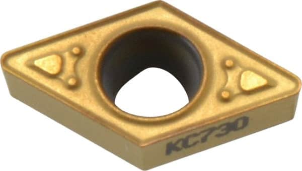 Kennametal - DCMT32.52 MF Grade KC730 Carbide Turning Insert - TiN Finish, 55° Diamond, 3/8" Inscr Circle, 5/32" Thick, 1/32" Corner Radius - Americas Industrial Supply
