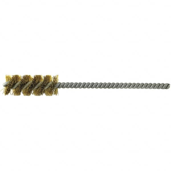 Brush Research Mfg. - 5/8" Diam Helical Brass Tube Brush - Single Spiral, 0.008" Filament Diam, 1-1/2" Brush Length, 5" OAL, 0.19" Diam Galvanized Steel Shank - Americas Industrial Supply
