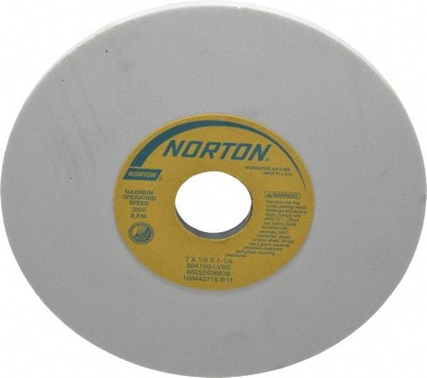 Norton - 7" Diam x 1-1/4" Hole x 1/4" Thick, L Hardness, 150 Grit Surface Grinding Wheel - Aluminum Oxide, Type 1, Very Fine Grade, 3,600 Max RPM, Vitrified Bond, No Recess - Americas Industrial Supply