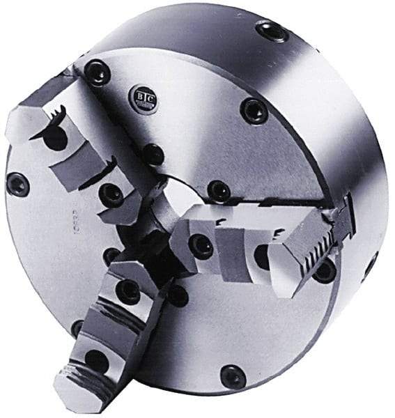 BTC - 3 Jaws, 8" Diam, Self Centering Manual Lathe Chuck - Plain Back Mount Spindle, Adjustable, Reversible, 3,100 Max RPM, 2.264" Through Hole Diam, Cast Iron - Americas Industrial Supply