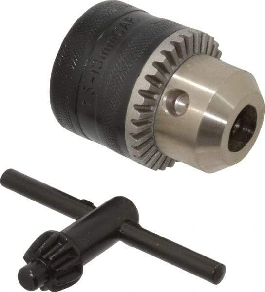 Jacobs - 3/8-24, 3/8-24, 0.0787  to 1/2 Inch Capacity, Threaded Mount, Plain Bearing Drill Chuck - Keyed, 1.61 Inch Sleeve Diameter, 40.89 mm Sleeve Diameter, 2-1/4 Inch Open Length - Exact Industrial Supply