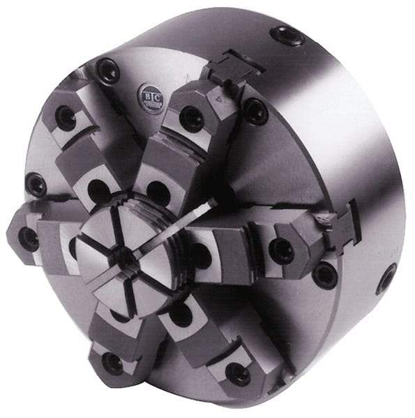 BTC - 6 Jaws, 10" Diam, Self Centering Manual Lathe Chuck - Plain Back Mount Spindle, Adjustable, Reversible, 1,900 Max RPM, 2.835" Through Hole Diam, Cast Iron - Americas Industrial Supply