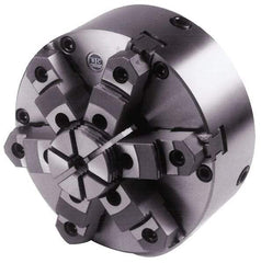 BTC - 6 Jaws, 8" Diam, Self Centering Manual Lathe Chuck - Plain Back Mount Spindle, Adjustable, Reversible, 2,200 Max RPM, 2.264" Through Hole Diam, Cast Iron - Americas Industrial Supply