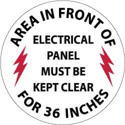 NMC - Area in Front of Electrical Panel Must Be Kept Clear for 36 Inches, Anti-Skid Pressure-Sensitive Vinyl Floor Sign - Round, Black & Red on White, Adhesive Backed, For Accident Prevention - Americas Industrial Supply