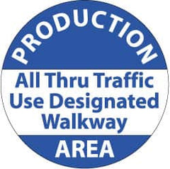 NMC - Production Area - All Thru Traffic Use DeFloor Signated Walkway, Anti-Skid Pressure-Sensitive Vinyl Floor Sign - Round, Blue on White, Adhesive Backed, For Security & Admittance - Americas Industrial Supply