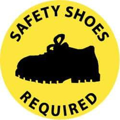 NMC - Safety Shoes Required, Anti-Skid Pressure-Sensitive Vinyl Floor Sign - Round, Black on Yellow, Adhesive Backed, For Accident Prevention - Americas Industrial Supply