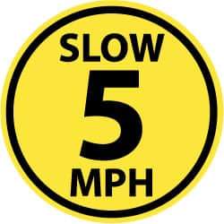 NMC - Slow 5 MPH, Anti-Skid Pressure-Sensitive Vinyl Floor Sign - Round, Black on Yellow, Adhesive Backed, For Security & Admittance - Americas Industrial Supply