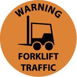 NMC - Warning Forklift Traffic, Anti-Skid Pressure-Sensitive Vinyl Floor Sign - Round, Black on Orange, Adhesive Backed, For Accident Prevention - Americas Industrial Supply