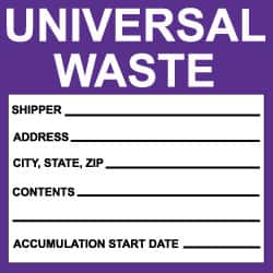 NMC - Hazardous Materials Label - Legend: Universal Waste, English, Black, White & Purple, 6" Long x 6" High, Sign Muscle Finish - Americas Industrial Supply