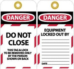 NMC - 3" High x 6" Long, DO NOT CLOSE, English Safety & Facility Lockout Tag - Tag Header: Danger, 2 Sides, Black, Red & White Unrippable Vinyl - Americas Industrial Supply