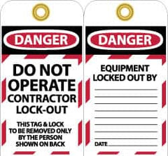 NMC - 3" High x 6" Long, DO NOT OPERATE CONTRATOR LOCK OUT, English Safety & Facility Lockout Tag - Tag Header: Danger, 2 Sides, Black, Red & White Unrippable Vinyl - Americas Industrial Supply