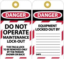 NMC - 3" High x 6" Long, DO NOT OPERATE MAINTENANCE LOCKOUT, English Safety & Facility Lockout Tag - Tag Header: Danger, 2 Sides, Black, Red & White Unrippable Vinyl - Americas Industrial Supply