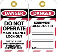 NMC - 3" High x 6" Long, DO NOT OPERATE MAINTENANCE LOCKOUT, English Safety & Facility Lockout Tag - Tag Header: Danger, 2 Sides, Black, Red & White Unrippable Vinyl - Americas Industrial Supply