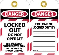NMC - 3" High x 6" Long, LOCKED OUT - DO NOT OPERATE, English Safety & Facility Lockout Tag - Tag Header: Danger, 2 Sides, Black, Red & White Unrippable Vinyl - Americas Industrial Supply