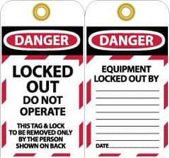 NMC - 3" High x 6" Long, LOCKED OUT - DO NOT OPERATE, English Safety & Facility Lockout Tag - Tag Header: Danger, 2 Sides, Black, Red & White Unrippable Vinyl - Americas Industrial Supply