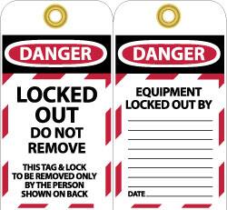 NMC - 3" High x 6" Long, LOCKED OUT - DO NOT REMOVE, English Safety & Facility Lockout Tag - Tag Header: Danger, 2 Sides, Black, Red & White Unrippable Vinyl - Americas Industrial Supply