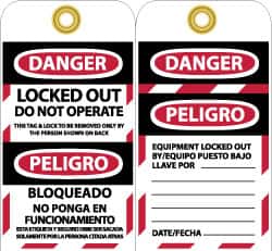 NMC - 3" High x 6" Long, DANGER - LOCKED OUT - DO NOT OPERATE - THIS TAG & LOCK TO BE REMOVED ONLY BY THE PERSON SHOWN ON BACK, English & Spanish Safety & Facility Lockout Tag - Tag Header: Danger, 2 Sides, Black, Red & White Vinyl - Americas Industrial Supply