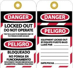 NMC - 3" High x 6" Long, DANGER - LOCKED OUT - DO NOT OPERATE - THIS TAG & LOCK TO BE REMOVED ONLY BY THE PERSON SHOWN ON BACK, English & Spanish Safety & Facility Lockout Tag - Tag Header: Danger, 2 Sides, Black, Red & White Vinyl - Americas Industrial Supply