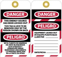 NMC - 3" High x 6" Long, DANGER - THIS ENERGY SOURCE HAS BEEN LOCKED OUT - THIS TAB & LOCK TO BE REMOVED ONLY BY THE PERSON SHOWN ON BACK, English & Spanish Safety & Facility Lockout Tag - Tag Header: Danger, 2 Sides, Black, Red & White Vinyl - Americas Industrial Supply