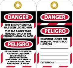 NMC - 3" High x 6" Long, DANGER - THIS ENERGY SOURCE HAS BEEN LOCKED OUT - THIS TAB & LOCK TO BE REMOVED ONLY BY THE PERSON SHOWN ON BACK, English & Spanish Safety & Facility Lockout Tag - Tag Header: Danger, 2 Sides, Black, Red & White Vinyl - Americas Industrial Supply