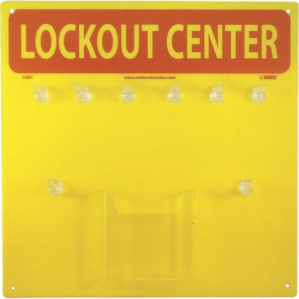 NMC - Empty Plexiglass Tag and Padlock / Hasp Station - 14 Inch Wide x 14 Inch High, Yellow and Yellow on Red - Americas Industrial Supply