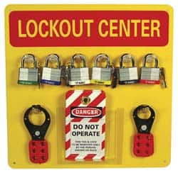 NMC - 10 Piece, Equipped Plexiglass Tag and Padlock / Hasp Station - 14 Inch Wide x 14 Inch High x 1-3/8 Inch Deep, Yellow - Americas Industrial Supply