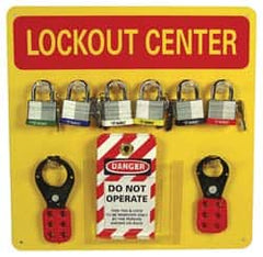 NMC - 10 Piece, Equipped Plexiglass Tag and Padlock / Hasp Station - 14 Inch Wide x 14 Inch High x 1-3/8 Inch Deep, Yellow - Americas Industrial Supply