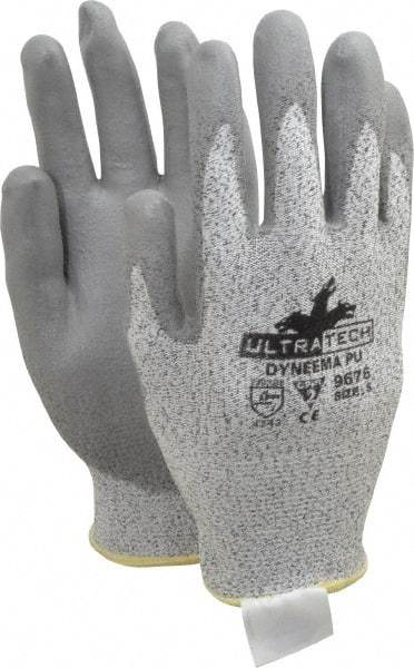 MCR Safety - Size S (7), ANSI Cut Lvl 2, Polyurethane Coated Cut Resistant Gloves - Palm & Fingers Coated, Dyneema Lining, Knit Wrist, Salt & Pepper/Gray, Paired - Americas Industrial Supply