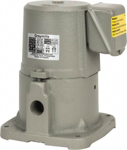 Graymills - 3/1.5 Amp, 115/230 Volt, 1/4 hp, 1 Phase, 3,450 RPM, Cast Iron Suction Machine Tool & Recirculating Pump - 20 GPM, 32 psi, 7-3/8" Long x 7-3/8" Mounting Flange Width, 9" Overall Height, Plastic Impeller, TEFC Motor - Americas Industrial Supply