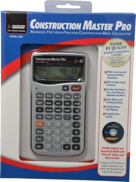 Calculated Industries - 11-Digit (7 normal, 4 Fractions) with Full Annunciators 40 Function Handheld Calculator - 5/8" x 2-1/2" (15.88mm x 63.5mm) Display Size, Silver, LR-44/A76 Powered, 9" Long x 8" Wide x 2" High - Americas Industrial Supply