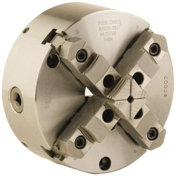 Buck Chuck Company - 4 Jaws, 6" Diam, Self Centering Manual Lathe Chuck - Front Mount, Adjustable, Reversible, 4,600 Max RPM, 1.78" Through Hole Diam, Forged Steel - Americas Industrial Supply