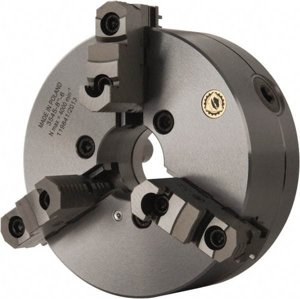 Bison - 3 Jaws, 8" Diam, Self Centering Manual Lathe Chuck - D1-6 Mount Spindle, Reversible, 4,000 Max RPM, 2.1653" Through Hole Diam, 0.001" Axial Runout, 0.0016" Radial Runout, Forged Steel - Americas Industrial Supply