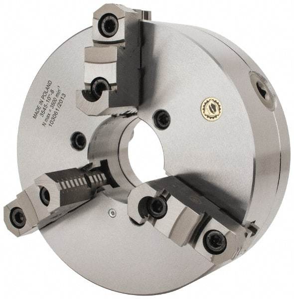 Bison - 3 Jaws, 10" Diam, Self Centering Manual Lathe Chuck - D1-8 Mount Spindle, Reversible, 3,500 Max RPM, 2.9921" Through Hole Diam, 0.001" Axial Runout, 0.0016" Radial Runout, Forged Steel - Americas Industrial Supply