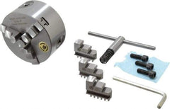 Bison - 3 Jaws, 4" Diam, Self Centering Manual Lathe Chuck - Plain Back Mount Spindle, 3,500 Max RPM, 0.7874" Through Hole Diam, 0.0006" Axial Runout, 0.0008" Radial Runout, Cast Iron - Americas Industrial Supply