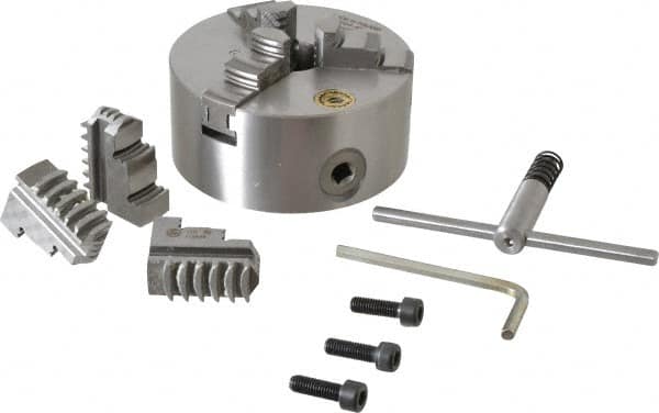 Bison - 3 Jaws, 5" Diam, Self Centering Manual Lathe Chuck - Plain Back Mount Spindle, 3,200 Max RPM, 1.2598" Through Hole Diam, 0.0008" Axial Runout, 0.0012" Radial Runout, Cast Iron - Americas Industrial Supply