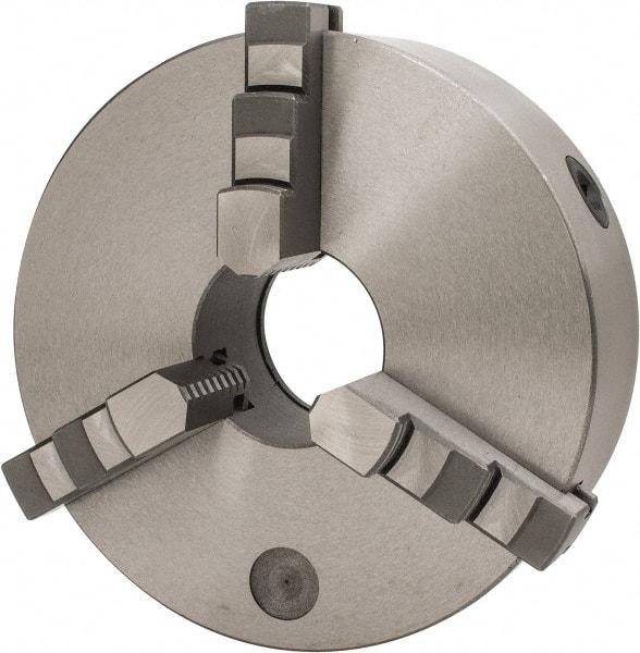 Interstate - 3 Jaws, 10" Diam, Self Centering Manual Lathe Chuck - Plain Back Mount Spindle, 3.1496" Through Hole Diam, 0.003" Axial Runout, Cast Iron - Americas Industrial Supply